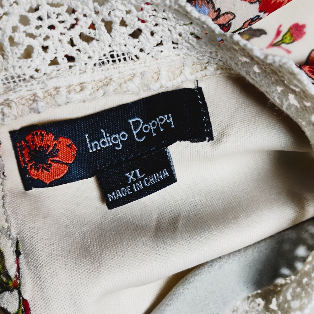 Indigo Poppy Floral Lace Crochet Yoke Blouse Cream Red Boho Romantic Sz XL - Picture 7 of 9